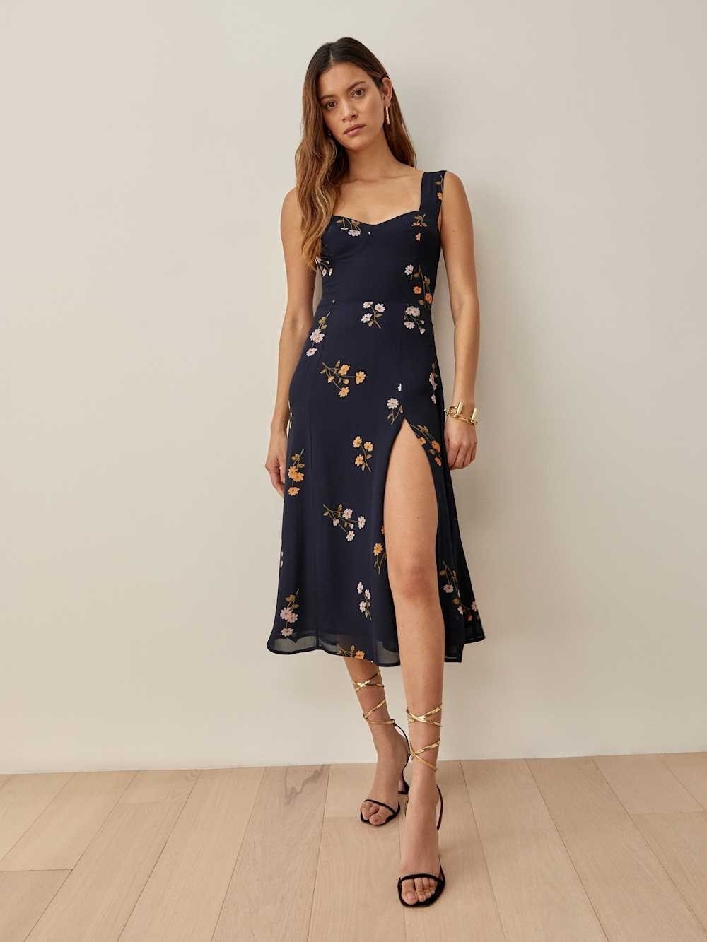 Reformation Fulton Floral Navy Midi Dress with Side Slit